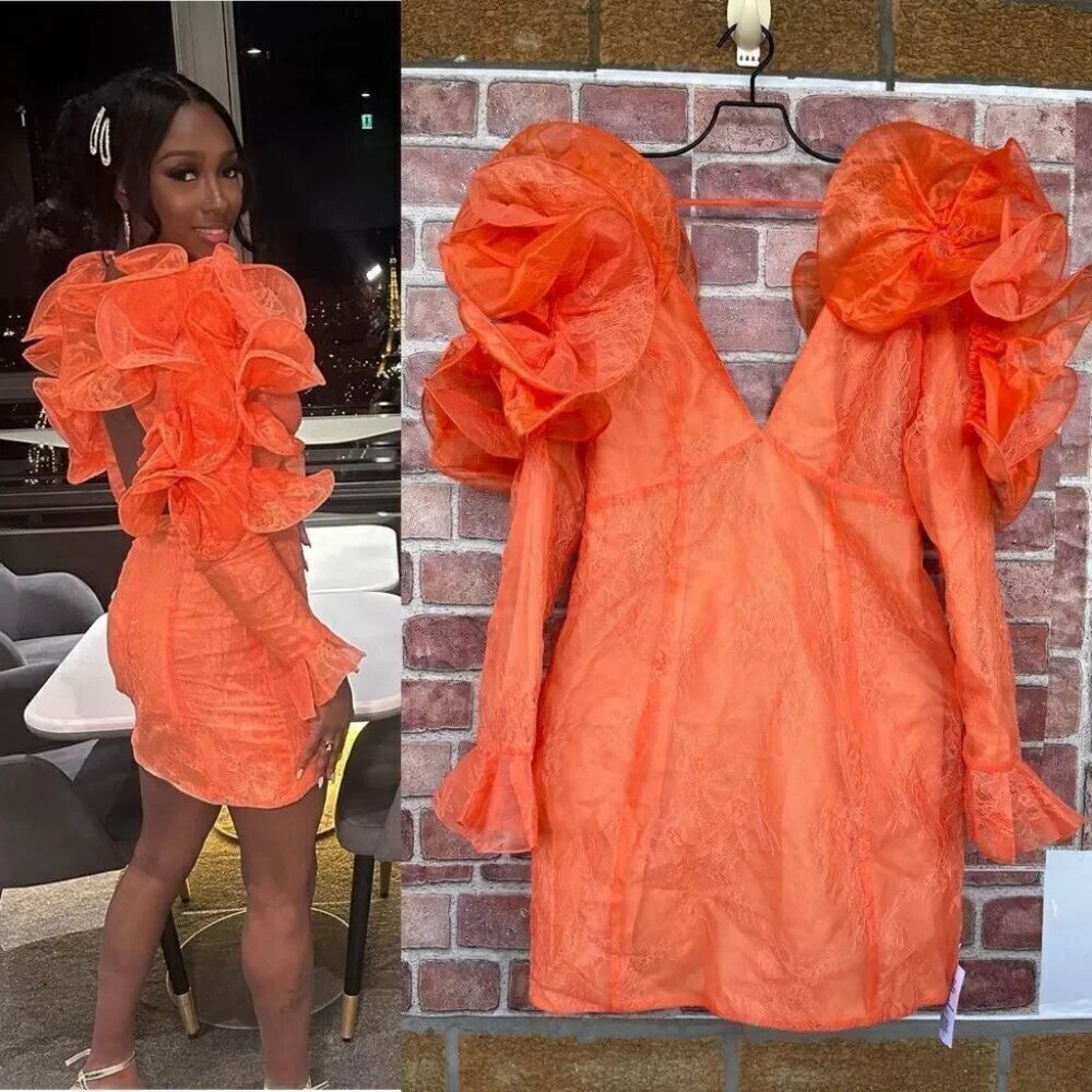 ASOS Orange Ruffle Puff-Sleeve Mini Dress